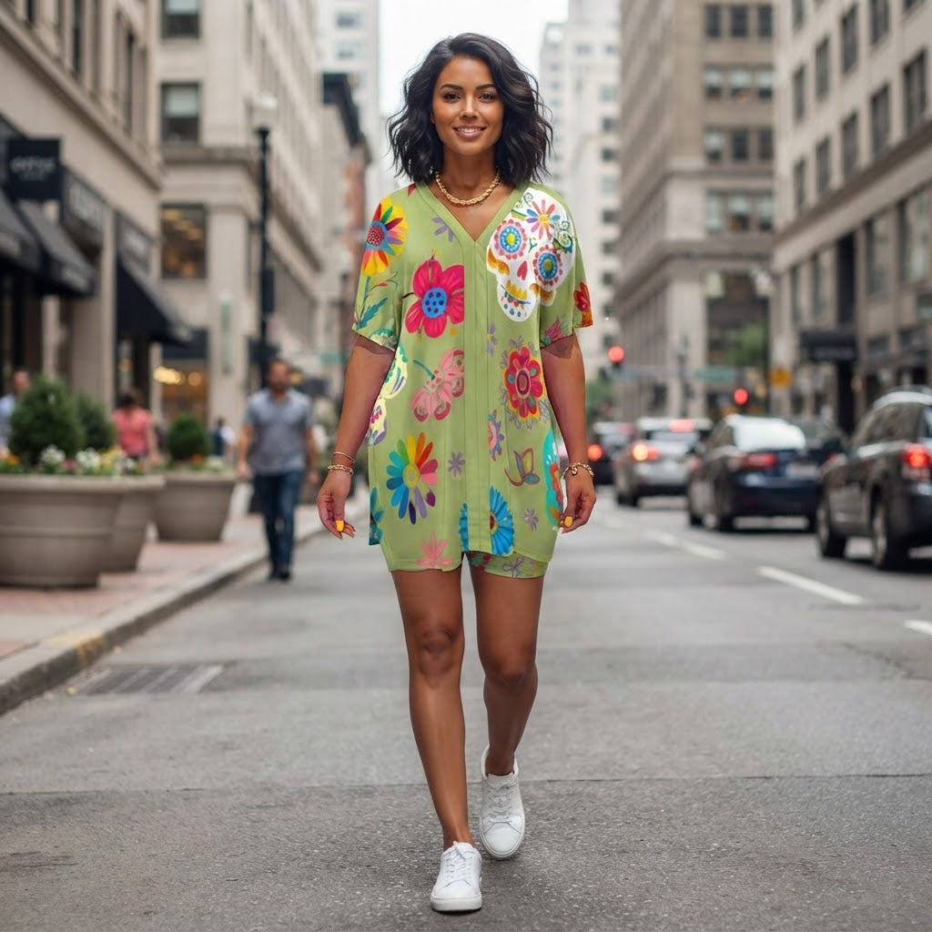 Day of the Dead Floral Two Piece Lounge Set Women Casual V Neck Short Sleeve Top and Shorts Set Comfortable Summer Outfit