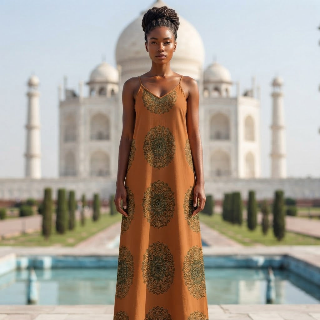 Boho Mandala Print Maxi Dress Sleeveless Spaghetti Strap Summer Beach Gown