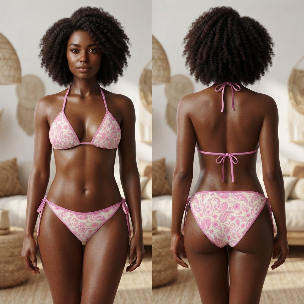 Pink Paisley Print String Bikini Set Women Triangle Swimsuit Beachwear