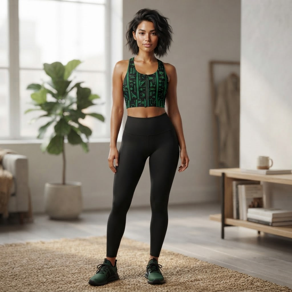 Green Hieroglyph Zip Up Sports Bra Ancient Egypt Style Athletic Crop Top