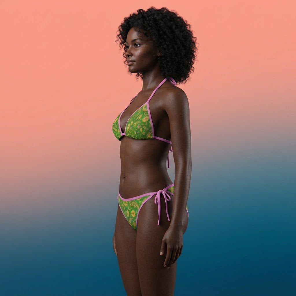 Green Paisley Sunflower Print Bikini Set with Pink Trim Adjustable Swimsuit