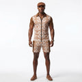 Mens Geometric Pattern Short Set Summer Polo and Shorts Outfit Tan Brown Resort Wear