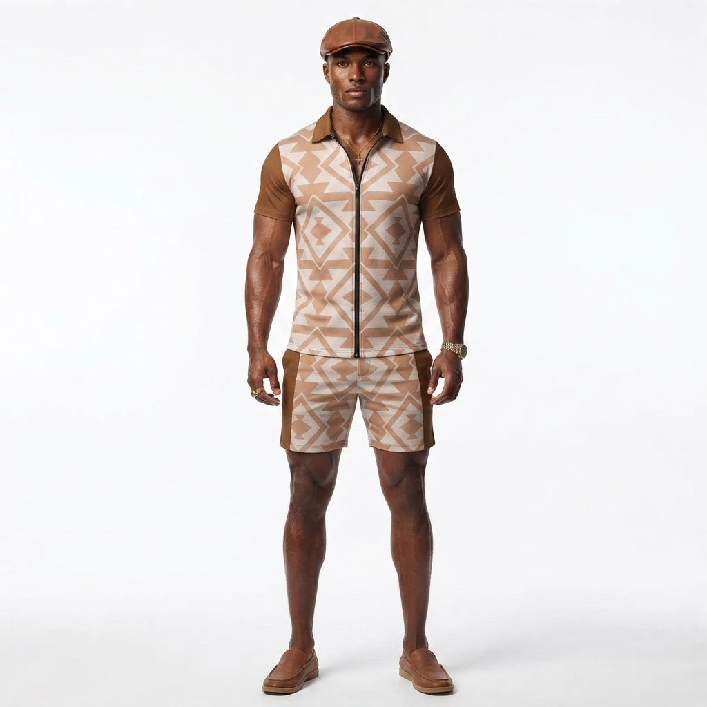Mens Geometric Pattern Short Set Summer Polo and Shorts Outfit Tan Brown Resort Wear