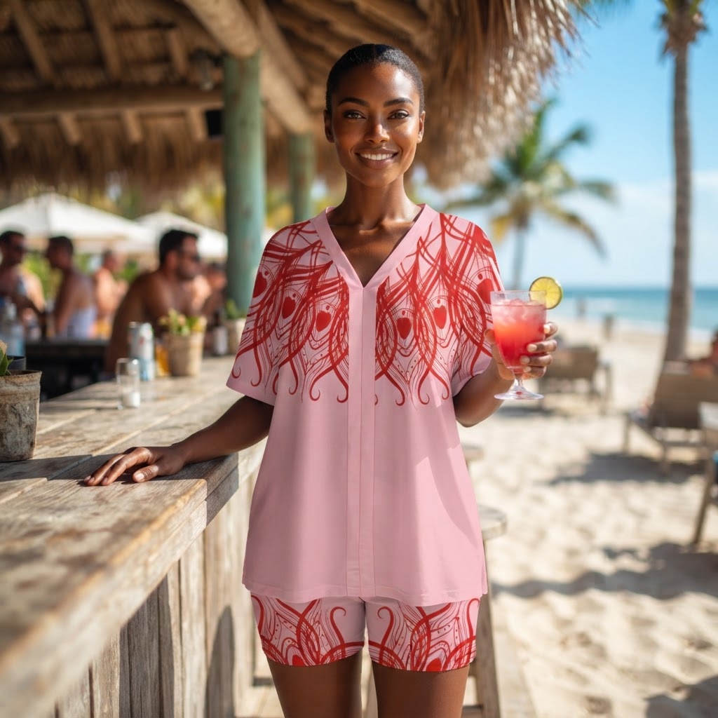 Boho Pink and Red Abstract Print Two Piece Shorts Set Comfy Loungewear Outfit