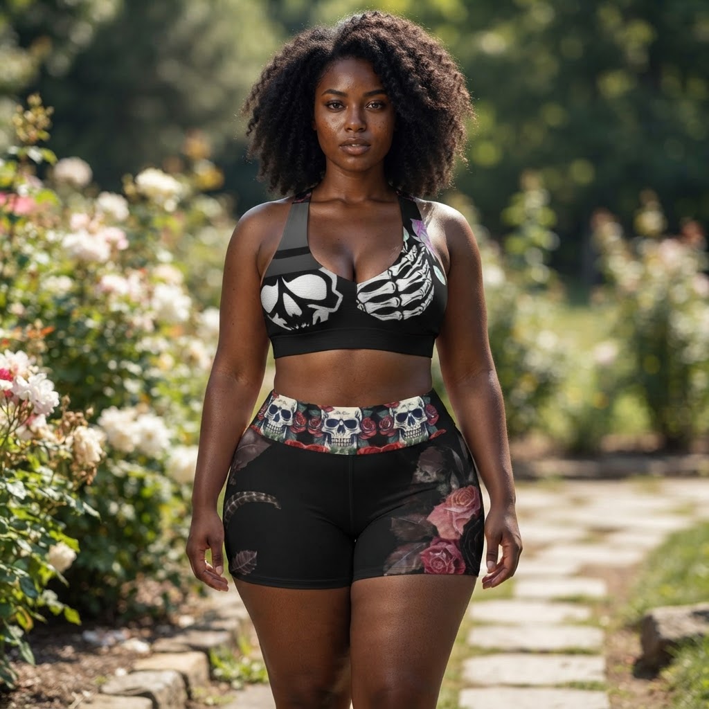 Skull and Roses Sports Bra and Shorts Set Gothic Workout Gear