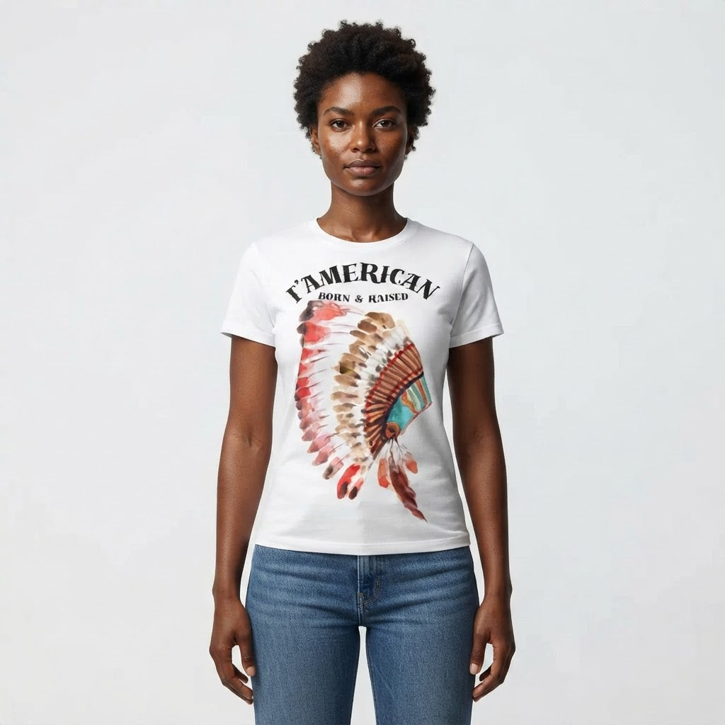 T'American Born and Raised Graphic T-Shirt Women's Patriotic Watercolor Headdress Tee