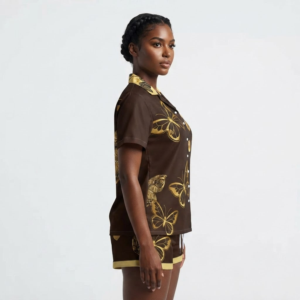 Luxury Gold Butterfly Silk Pajama Set Black Lounge Set Matching Sleepwear Set
