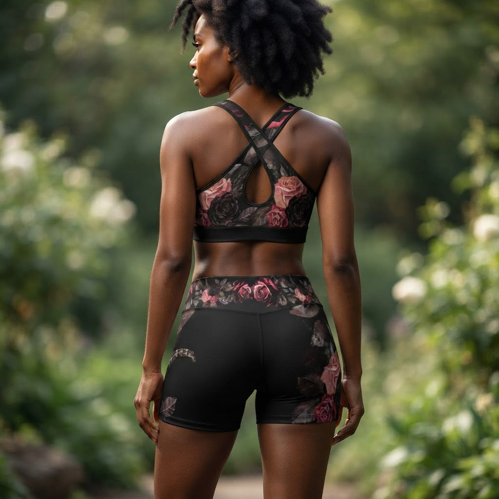 Skull and Roses Sports Bra and Shorts Set Gothic Workout Gear
