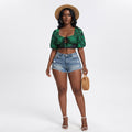 Green Floral Print Corset Crop Top Puff Sleeve Bohemian Blouse