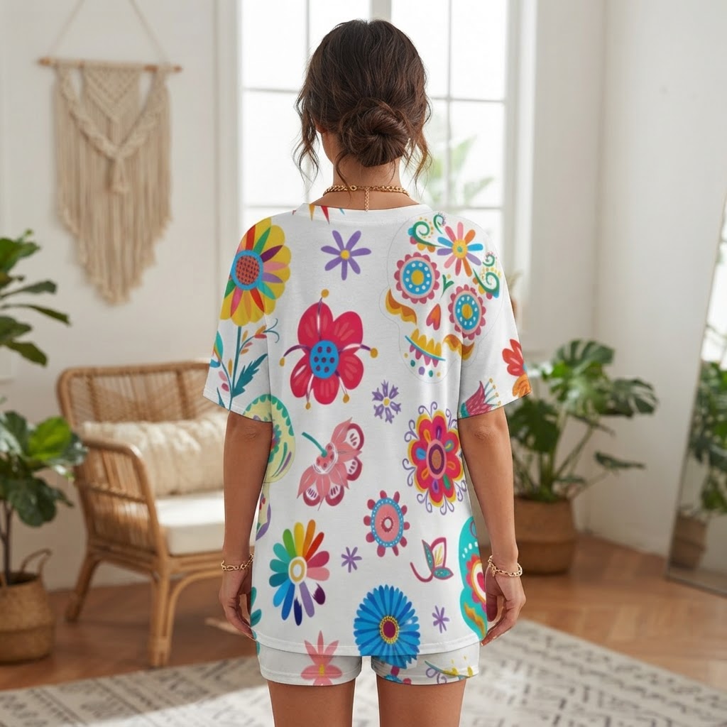 Floral Sugar Skull Lounge Set Women Summer Two Piece Outfit Dolman Sleeve Top and Shorts Set Comfortable Casual Sleepwear
