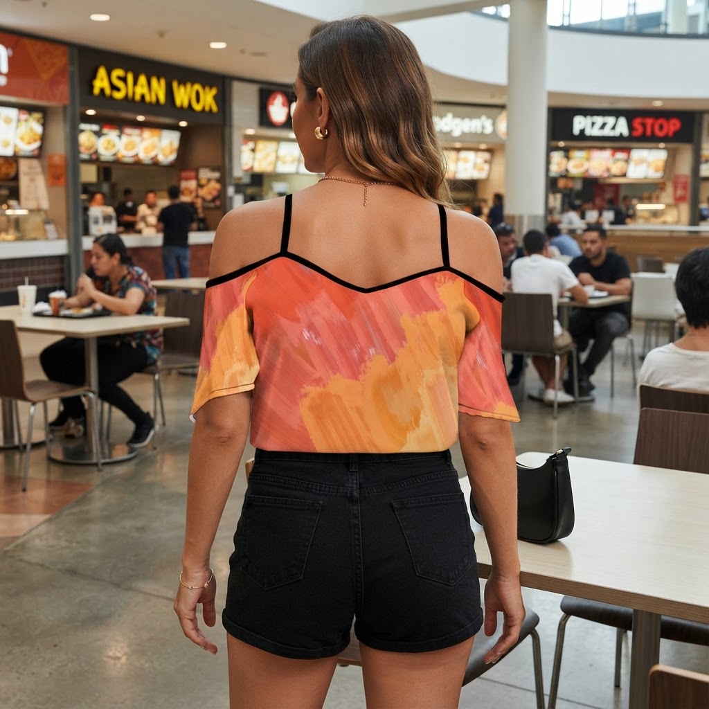 Boho Off-the-Shoulder Summer Top Orange Brushstroke Print Flowy Chiffon Blouse