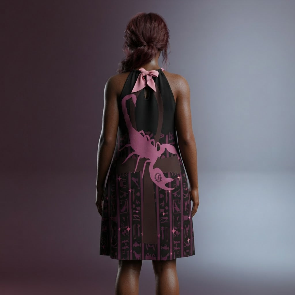 Scorpio Zodiac Halter Dress with Ankh and Hieroglyphs Pink and Black Celestial Astrology Summer Outfit