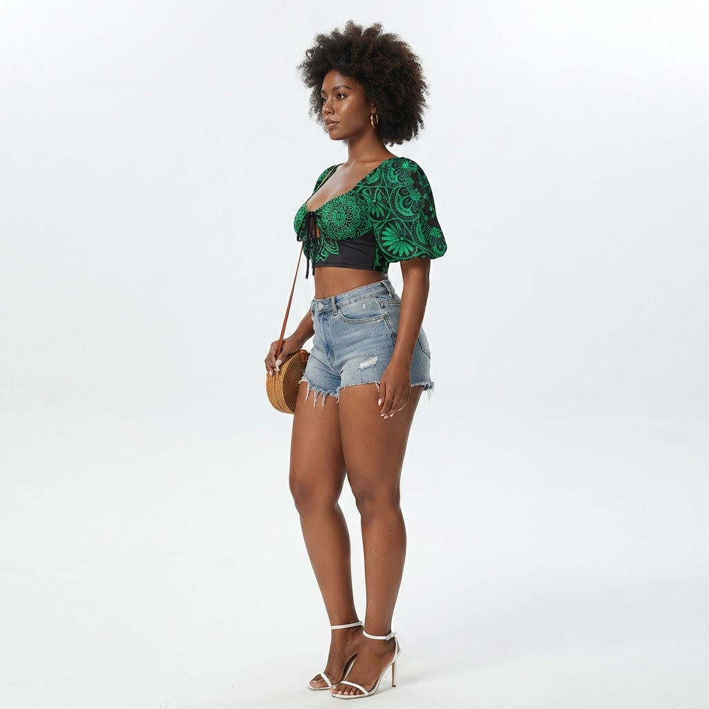 Green Floral Print Corset Crop Top Puff Sleeve Bohemian Blouse