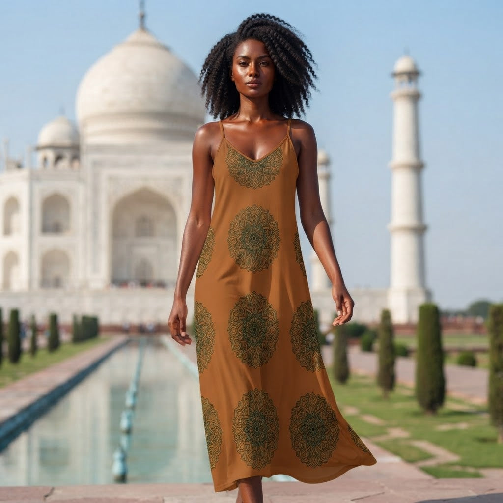 Boho Mandala Print Maxi Dress Sleeveless Spaghetti Strap Summer Beach Gown