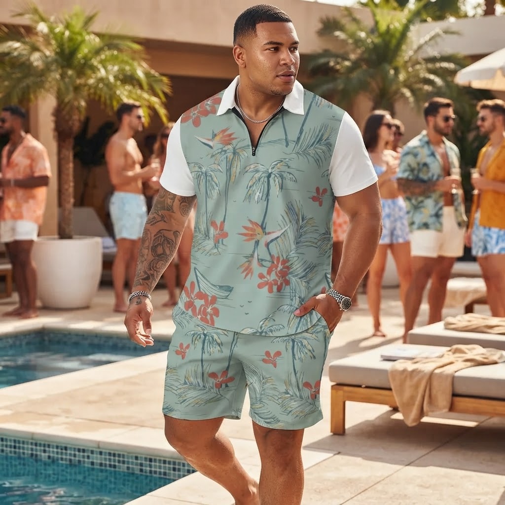 Mens Tropical Palm Print Short Set Vacation Polo and Shorts Outfit