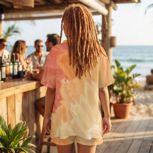 Abstract Art Print V-Neck Lounge Set Soft Polyester Two Piece Outfit for Women Beachwear Summer Casual Homewear