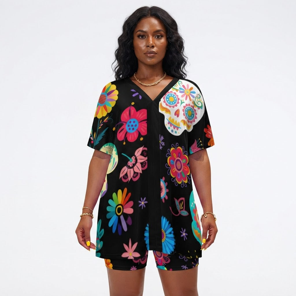 Floral Sugar Skull Lounge Set Women Summer Two Piece Outfit Boho V-Neck Short Sleeve Top and Shorts Matching Set