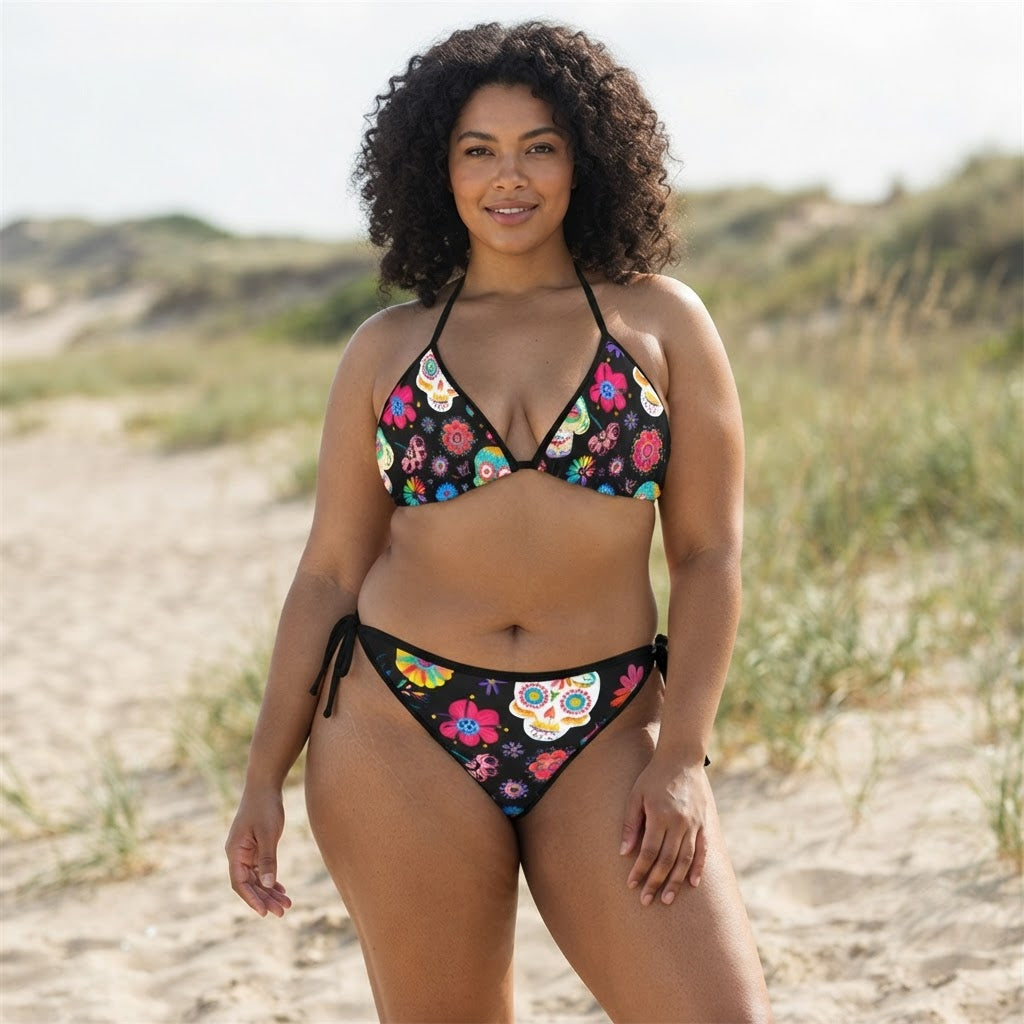 Day of the Dead Sugar Skull Bikini Set Colorful Floral Print Tie Side Swimsuit