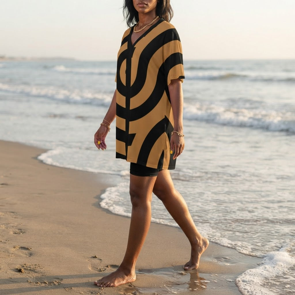 Geometric V-Neck Two-Piece Loungewear Set Soft Brushed Milk Fabric
