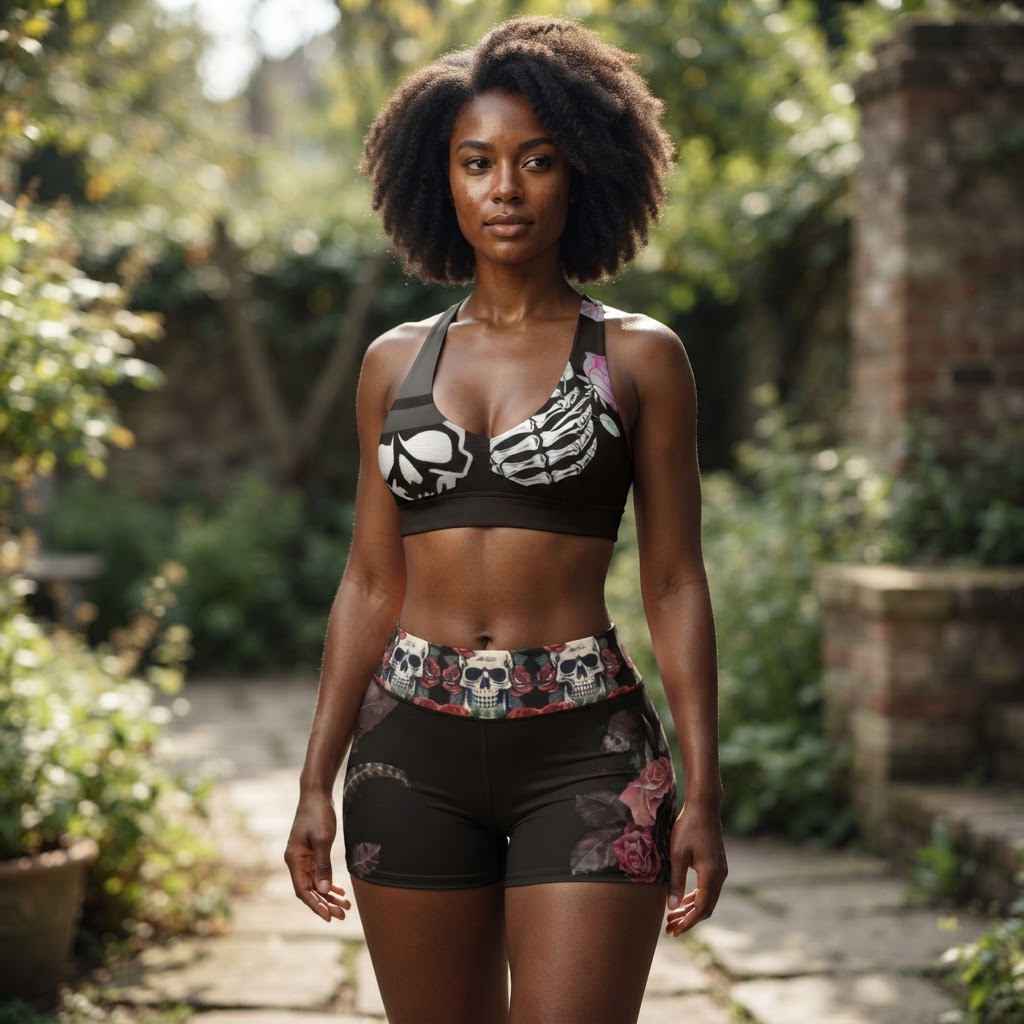 Skull and Roses Sports Bra and Shorts Set Gothic Workout Gear
