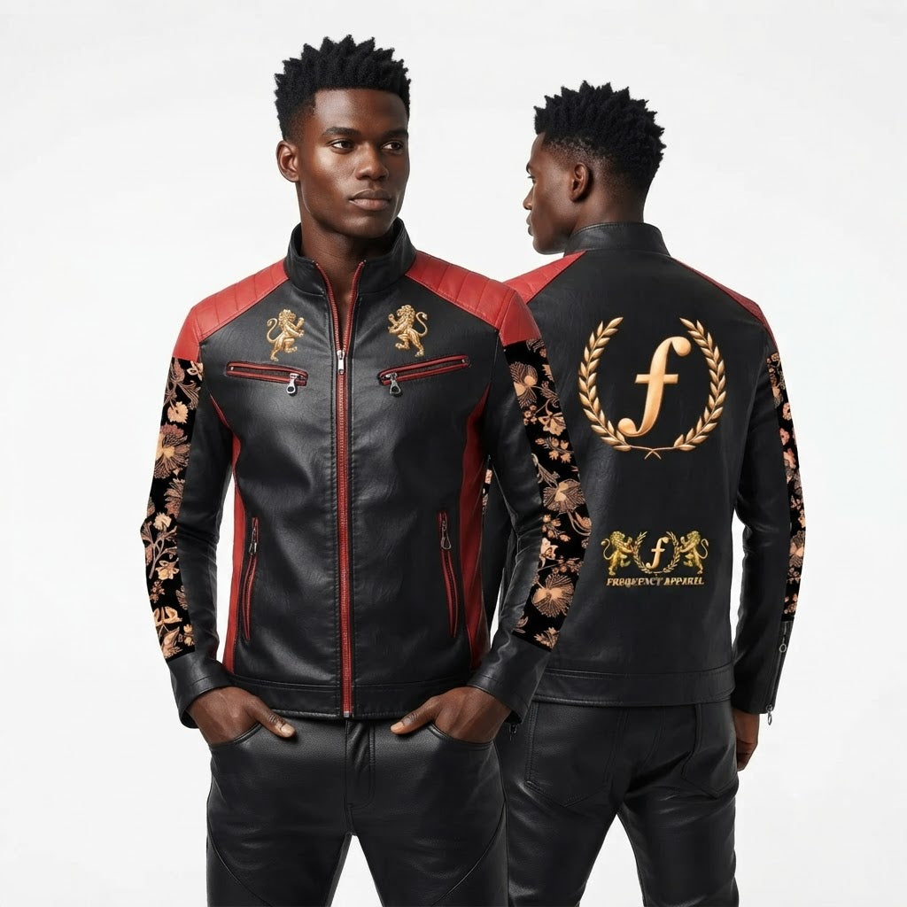 Mens Designer Lion Motif Faux Leather Motorcycle Jacket with Floral Sleeves