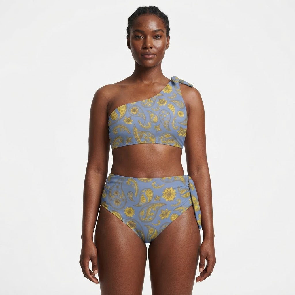 Blue and Gold Paisley One Shoulder High Waisted Bikini Set Sexy Summer Swimsuit