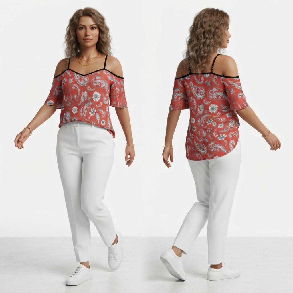 Red Paisley Off the Shoulder Chiffon Top Adjustable Strap Flowy Bohemian Summer Blouse
