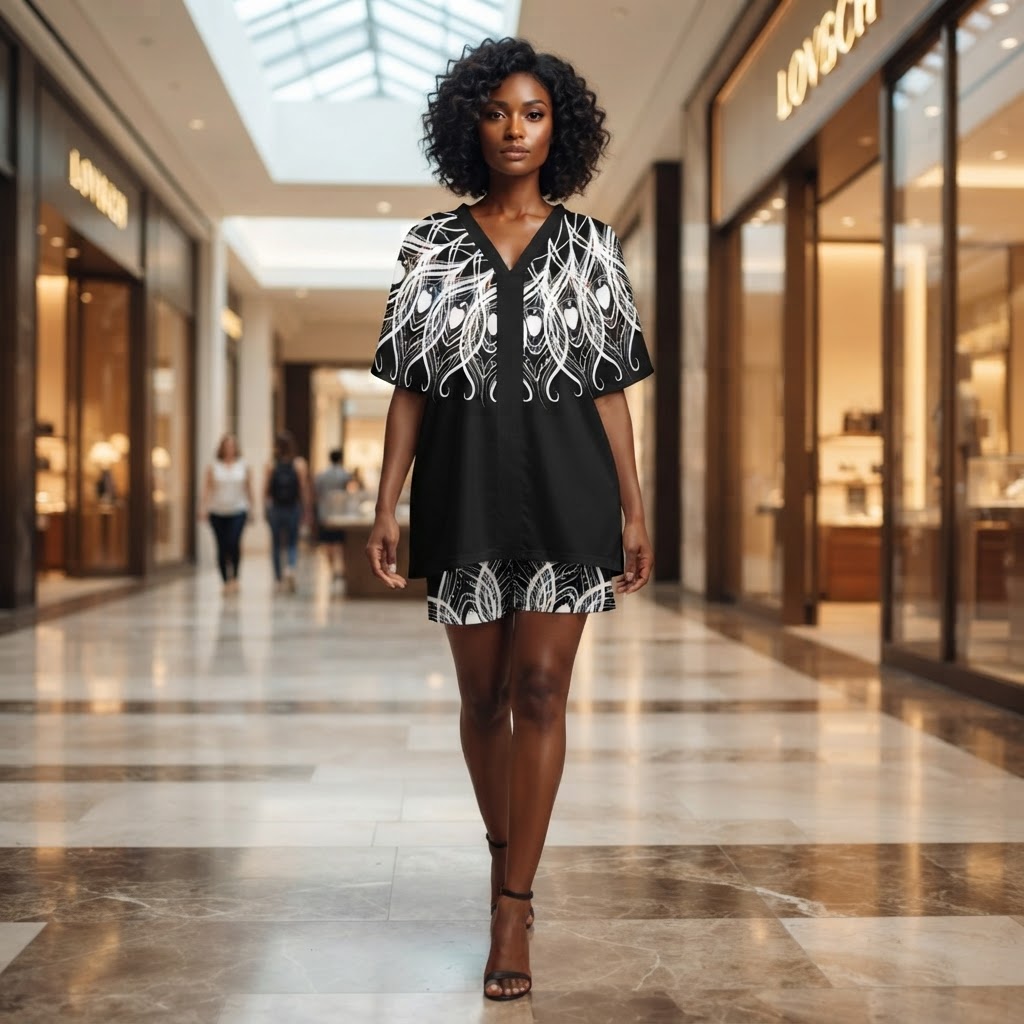Boho Chic Matching Short Set V Neck Two Piece Lounge Outfit Black and White Graphic Print Summer Casual Set for Women