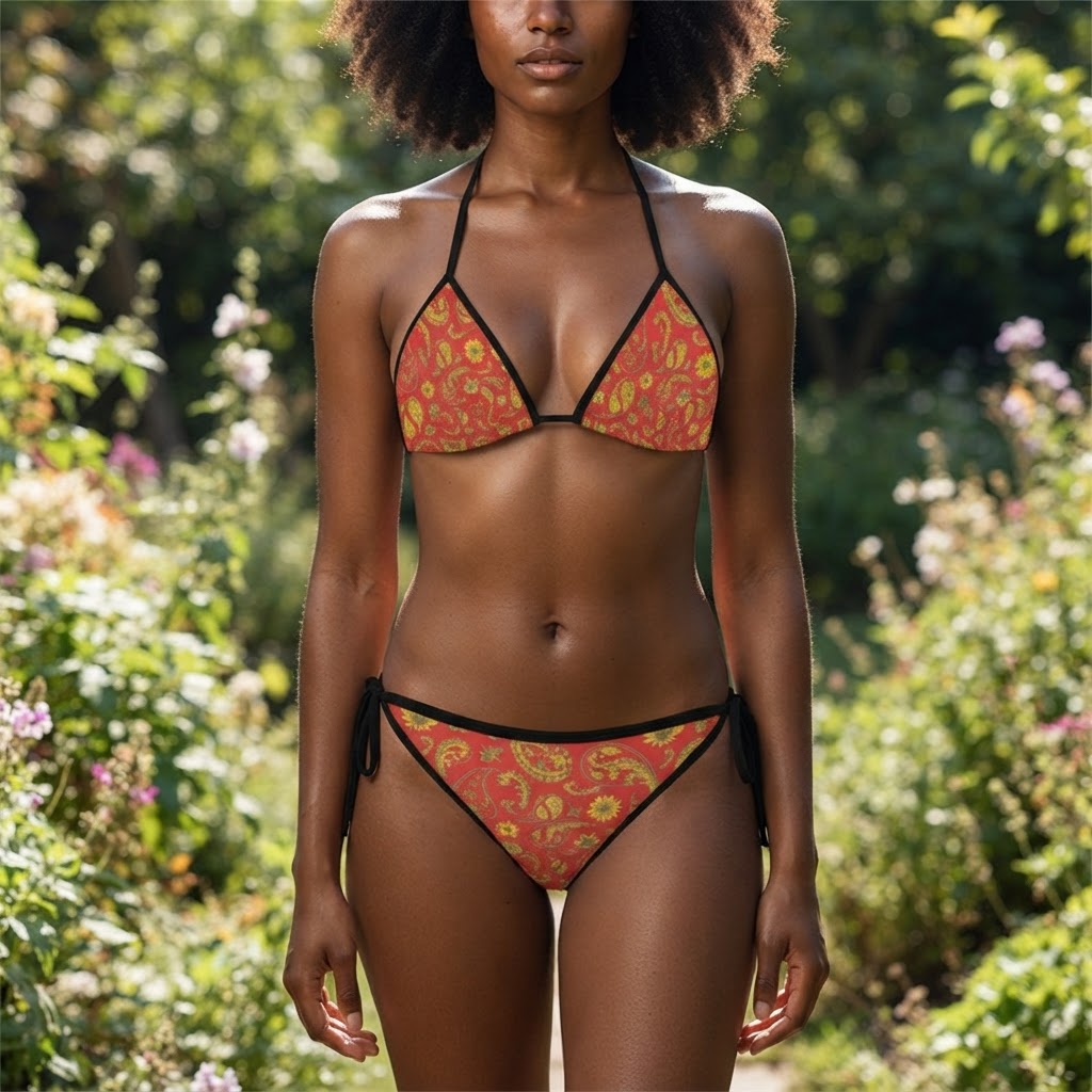 Red Paisley Bikini Set with Sunflower Print Tie Side Swimsuit Bohemian Beachwear