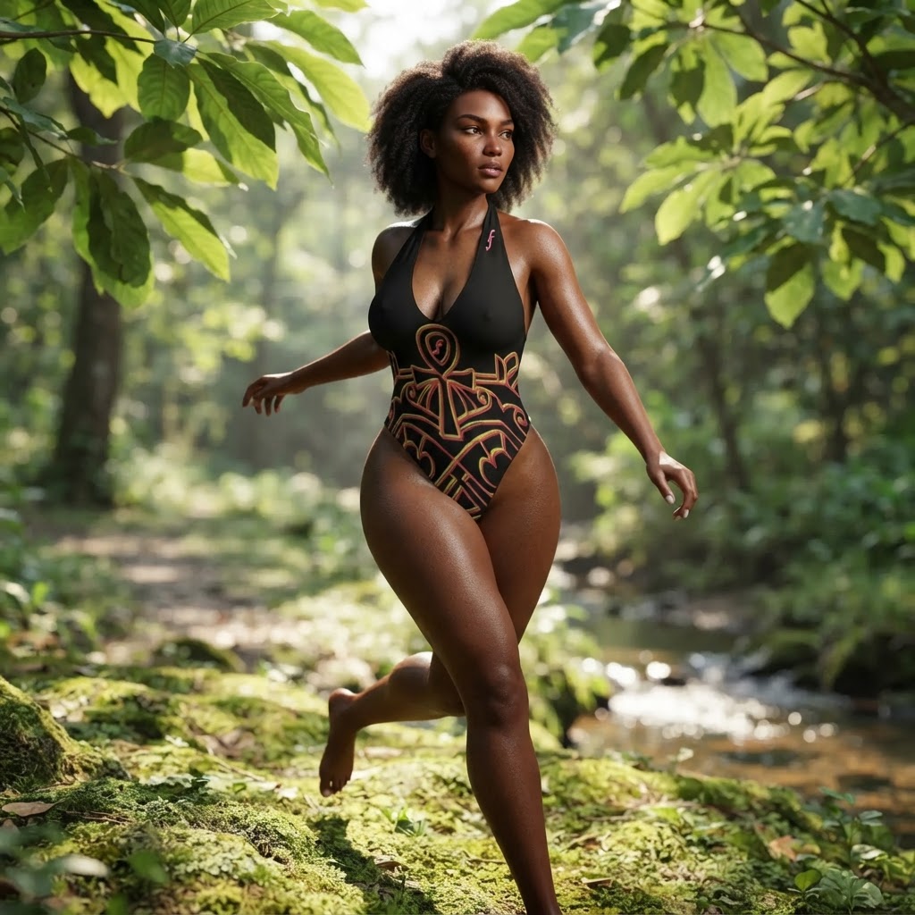 Tribal Print Halter Swimsuit Unique Geometric One Piece Bodysuit for Beach and Pool