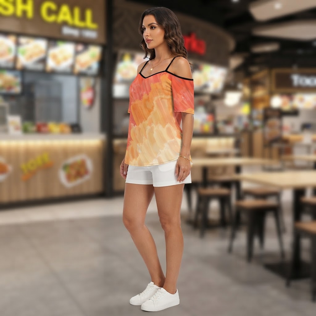 Boho Off-the-Shoulder Summer Top Orange Brushstroke Print Flowy Chiffon Blouse