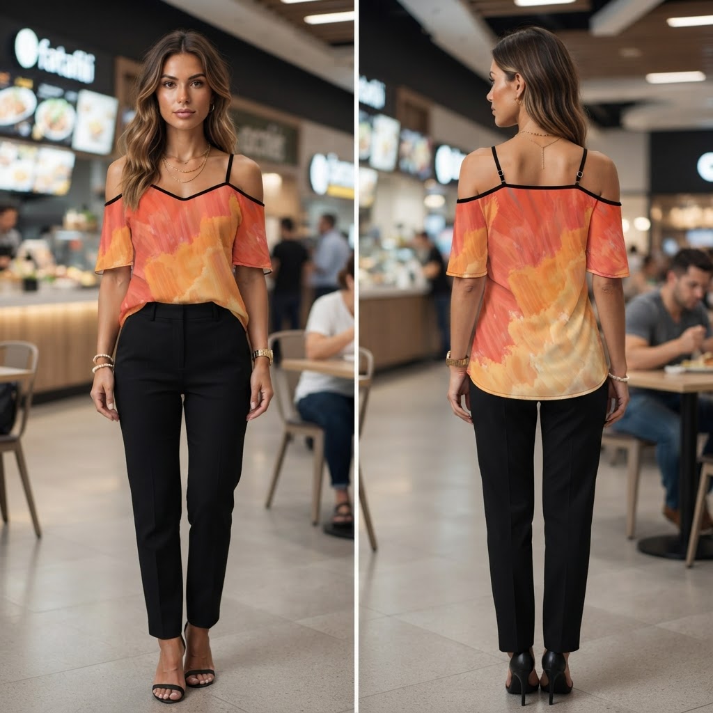 Boho Off-the-Shoulder Summer Top Orange Brushstroke Print Flowy Chiffon Blouse