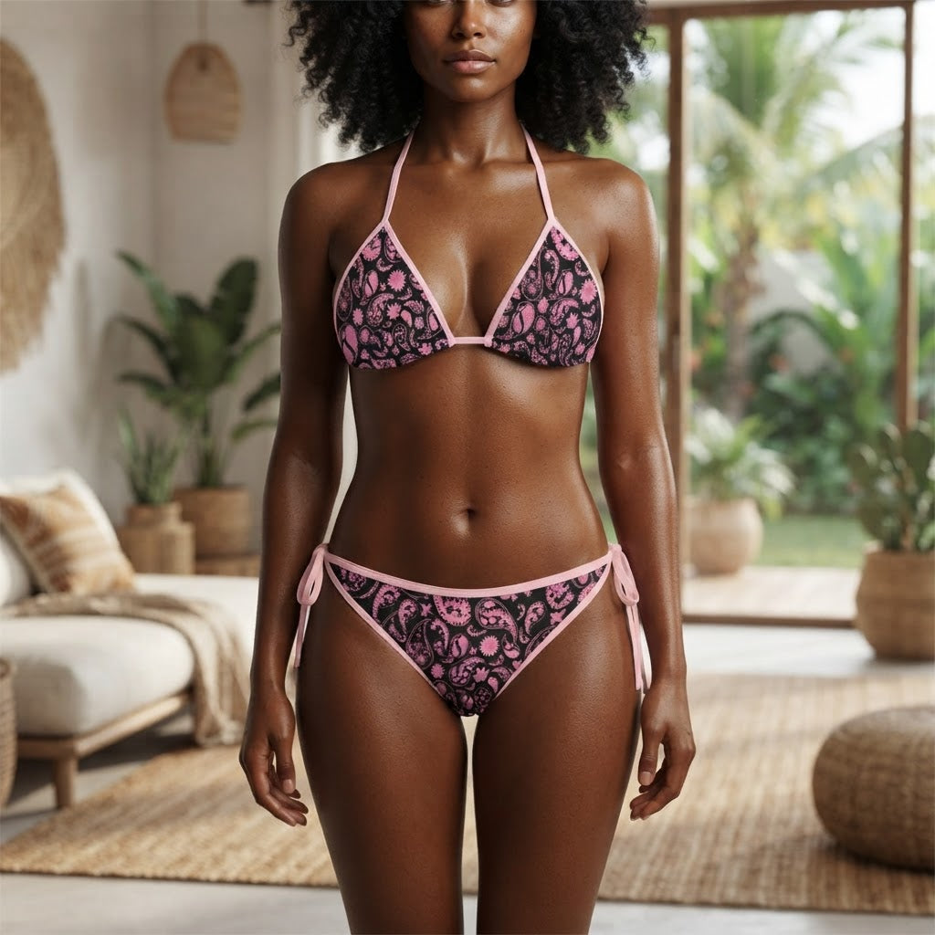 Pink and Black Paisley Print Bikini Set Adjustable Side Tie Swimsuit for Women