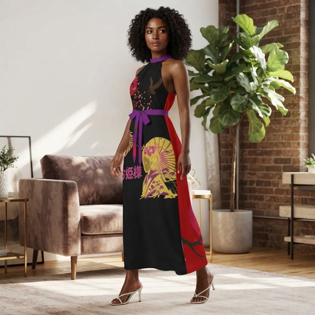 Japanese Style Dragon Geisha Halter Dress with Sash Belt Elegant High Slit Summer Maxi Dress
