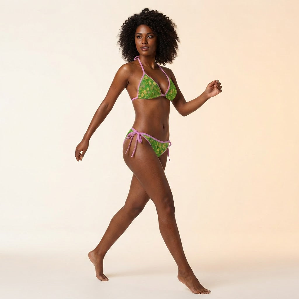 Green Paisley Sunflower Print Bikini Set with Pink Trim Adjustable Swimsuit