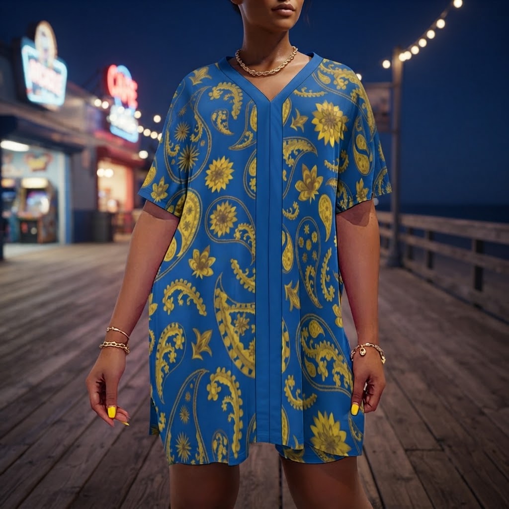 Blue and Gold Paisley Two Piece Set V Neck Dolman Sleeve Top and Shorts Loungewear Outfit
