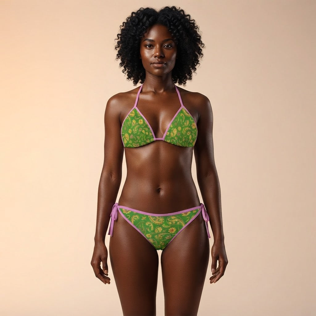 Green Paisley Sunflower Print Bikini Set with Pink Trim Adjustable Swimsuit