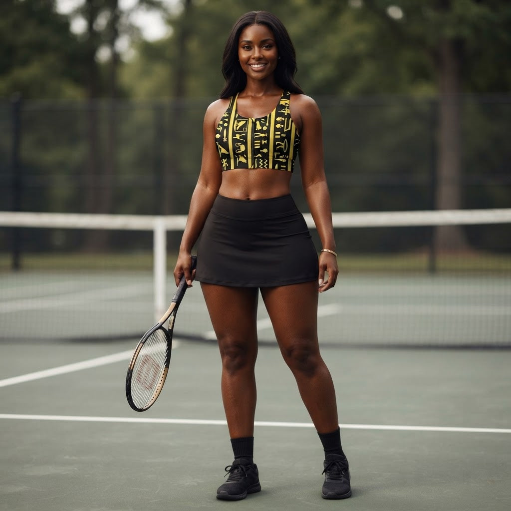 Egyptian Hieroglyph Print Zip Front Sports Bra Unique Yoga Crop Top Activewear