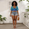 Blue and Green Floral Print Crop Blouse Puff Sleeve Corset Style Summer Top