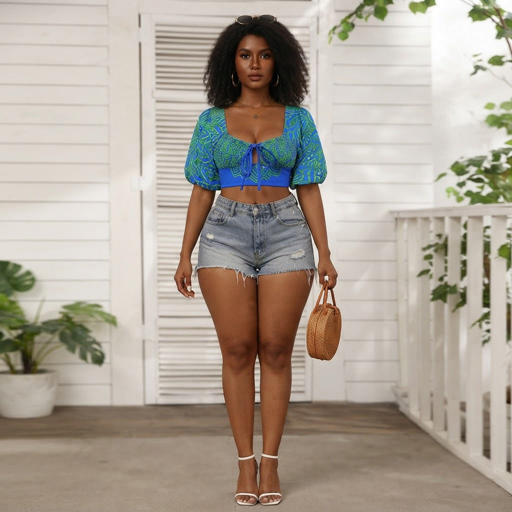 Blue and Green Floral Print Crop Blouse Puff Sleeve Corset Style Summer Top