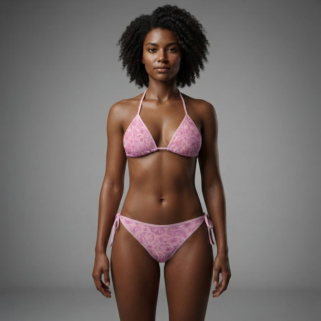 Pink Paisley Print Bikini Set Adjustable Halter Triangle Swimsuit for Beach Vacation
