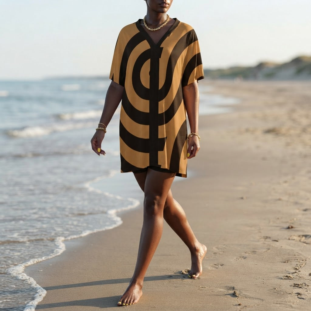Geometric V-Neck Two-Piece Loungewear Set Soft Brushed Milk Fabric