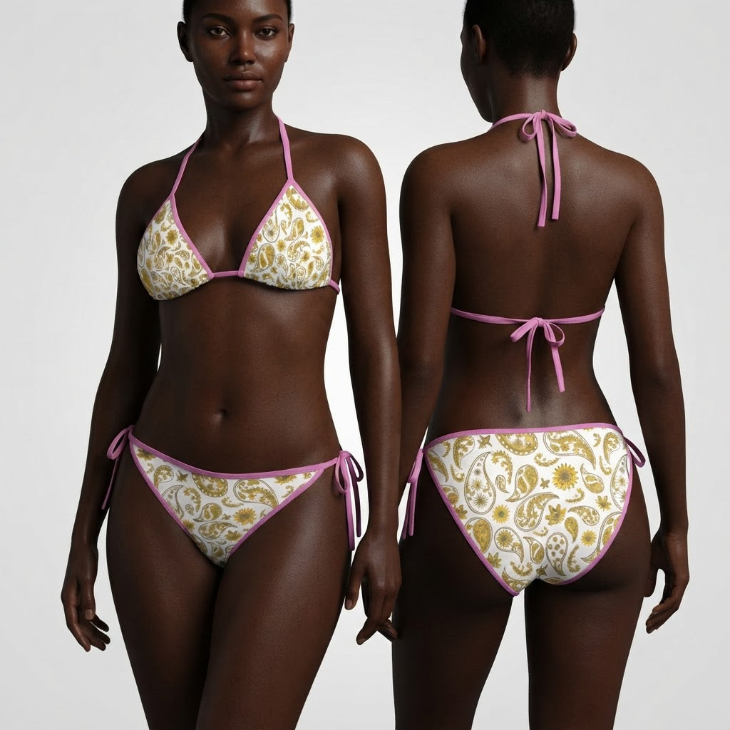 Boho Paisley Print Bikini Set with Pink Trim Adjustable Halter Swimsuit