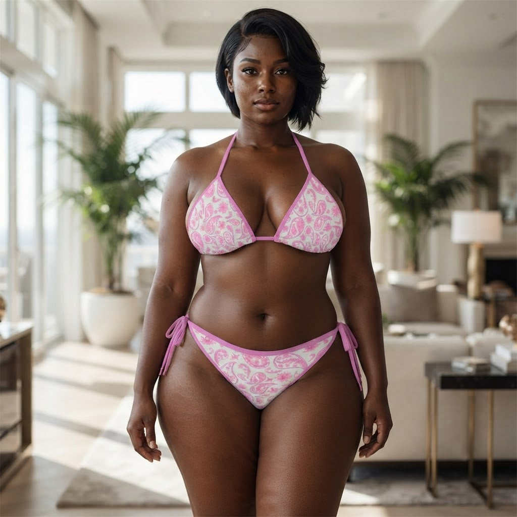 Pink Paisley Print String Bikini Set Women Triangle Swimsuit Beachwear