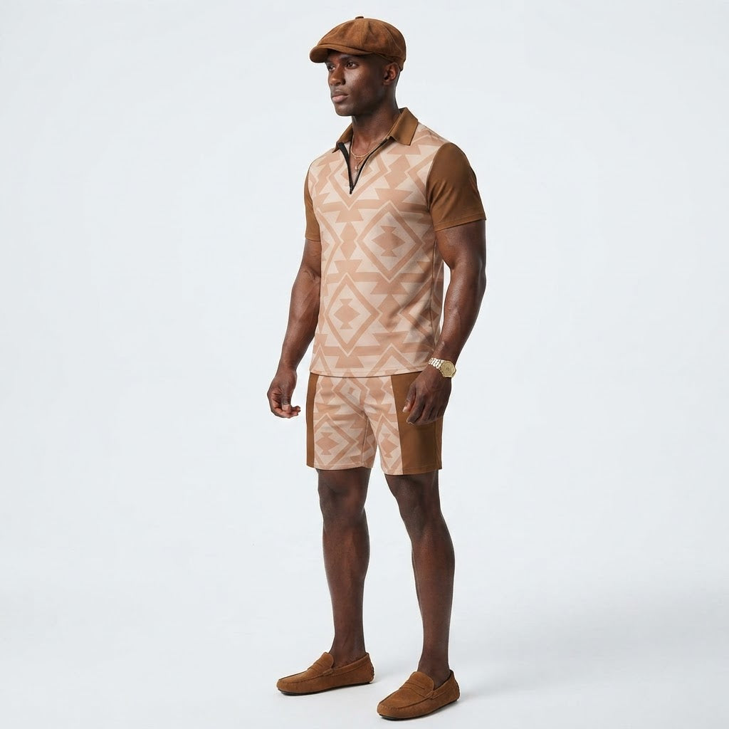 Mens Geometric Pattern Short Set Summer Polo and Shorts Outfit Tan Brown Resort Wear