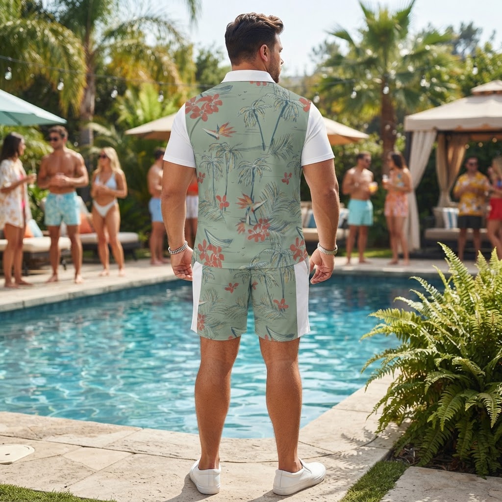 Mens Tropical Palm Print Short Set Vacation Polo and Shorts Outfit