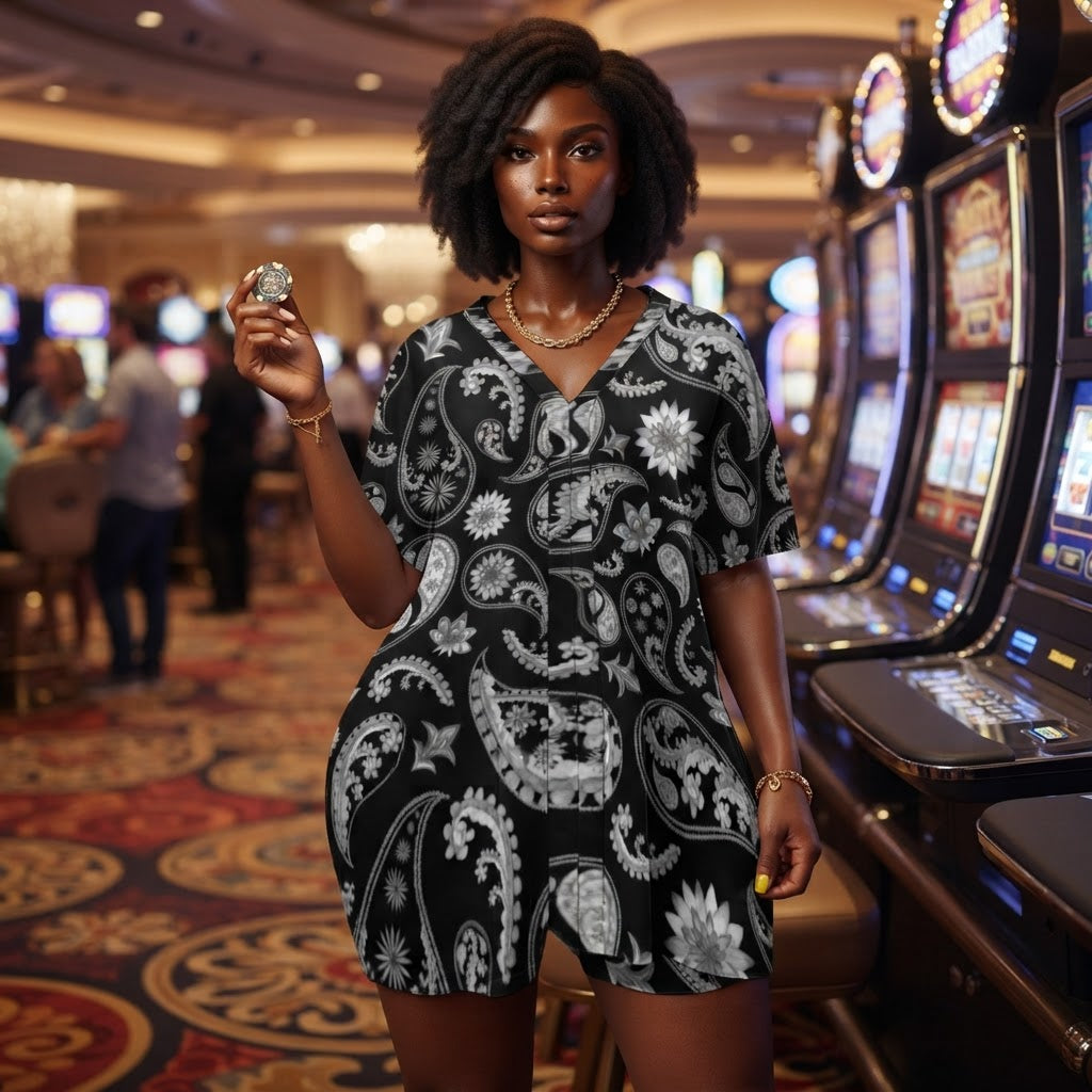 Black and White Paisley Print Two Piece Set V Neck Dolman Sleeve Top and Shorts Loungewear Casual Summer Outfit