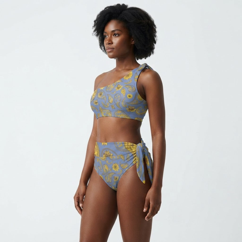 Blue and Gold Paisley One Shoulder High Waisted Bikini Set Sexy Summer Swimsuit