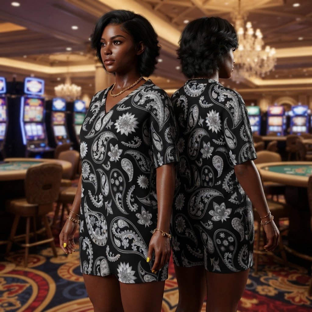Black and White Paisley Print Two Piece Set V Neck Dolman Sleeve Top and Shorts Loungewear Casual Summer Outfit