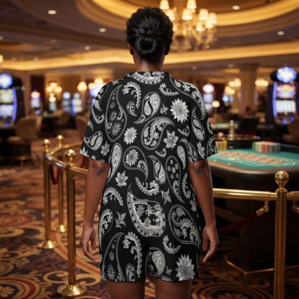 Black and White Paisley Print Two Piece Set V Neck Dolman Sleeve Top and Shorts Loungewear Casual Summer Outfit